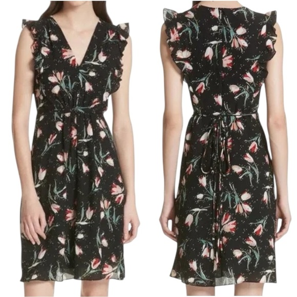 Rebecca Taylor Dresses & Skirts - Rebecca Taylor Ikat Tie Front Silk Dress -Tulip / Black Floral Print - Size 4